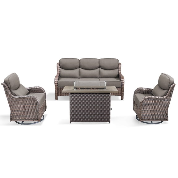 PARKWELL 4 Pieces Outdoor Patio High Back Furniture Set with Fire Pit Table, Luxury 6" Thick Conversation Set with Swivel Glider Chairs,Wicker Seating Set for Deck, Backyard,Brown/Gray
