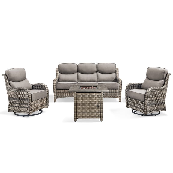 PARKWELL 4 Pieces Outdoor Patio High Back Furniture Set with Fire Pit Table, Luxury 6" Thick Conversation Set with Swivel Glider Chairs,Wicker Seating Set for Deck, Backyard,Gray/Gray