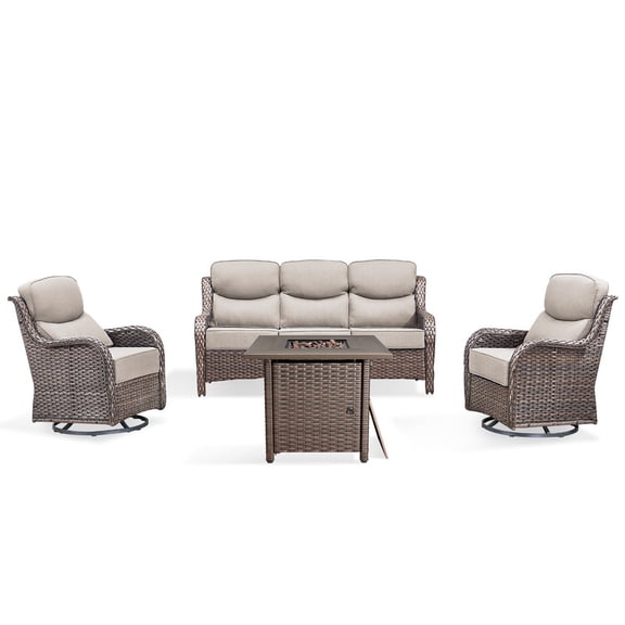 PARKWELL 4 Pieces Outdoor Patio High Back Furniture Set with Fire Pit Table, Luxury 6" Thick Conversation Set with Swivel Glider Chairs,Wicker Seating Set for Deck, Backyard,Brown/Beige