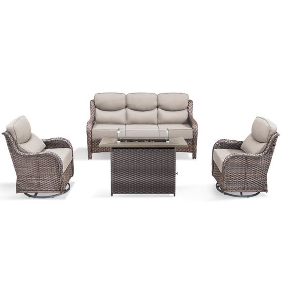 PARKWELL 4 Pieces Outdoor Patio High Back Furniture Set with Fire Pit Table, Luxury 6" Thick Conversation Set with Swivel Glider Chairs,Wicker Seating Set for Deck, Backyard,Brown/Beige