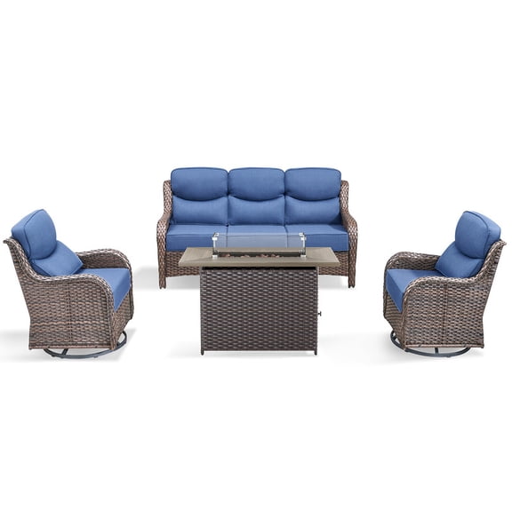 PARKWELL 4 Pieces Outdoor Patio High Back Furniture Set with Fire Pit Table, Luxury 6" Thick Conversation Set with Swivel Glider Chairs,Wicker Seating Set for Deck, Backyard,Brown/Navy