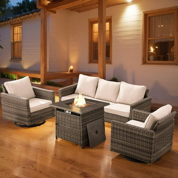 PARKWELL 4 Pieces Outdoor Sofa Furniture Sets with 30" Fire Pit Table and Swivel Glider for Patio Garden Poolside Deck,Gray Wicker and Beige Cushions