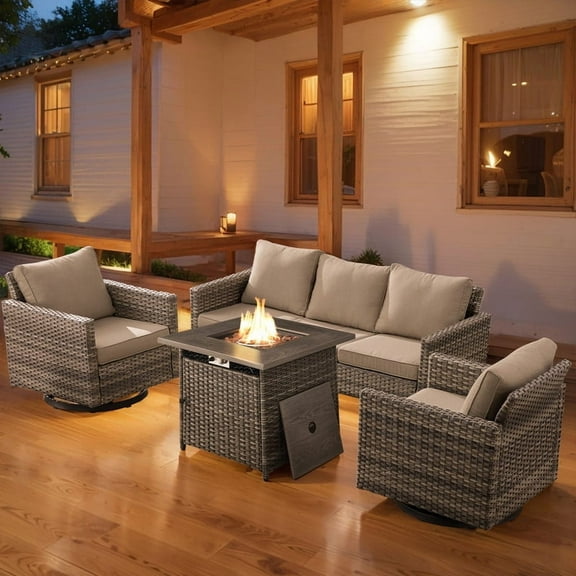 PARKWELL 4 Pieces Outdoor Sofa Furniture Sets with 30" Fire Pit Table and Swivel Glider for Patio Garden Poolside Deck,Gray Wicker and Gray Cushions