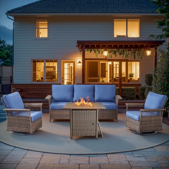 PARKWELL 4 Pieces Patio Furniture Set with Fire Pit Table, Outdoor All-Weather Wicker Conversation Couch Set with Swivel Gliders Chairs, Deep Seating Furniture for Porch Deck, Brown/Navy
