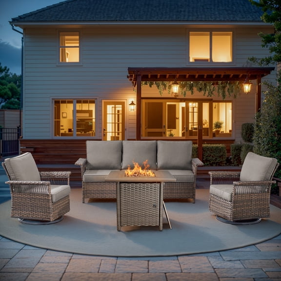 PARKWELL 4 Pieces Patio Furniture Set with Fire Pit Table, Outdoor All-Weather Wicker Conversation Couch Set with Swivel Gliders Chairs, Deep Seating Furniture for Porch Deck, Brown/Gray