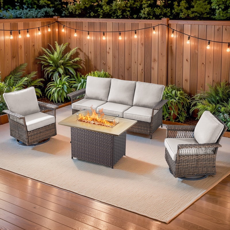 PARKWELL 4 Pieces Patio Furniture Set with Fire Pit Table, Outdoor All-Weather Wicker Conversation Couch Set with Swivel Gliders Chairs, Deep Seating Furniture for Porch Deck, Brown/Beige