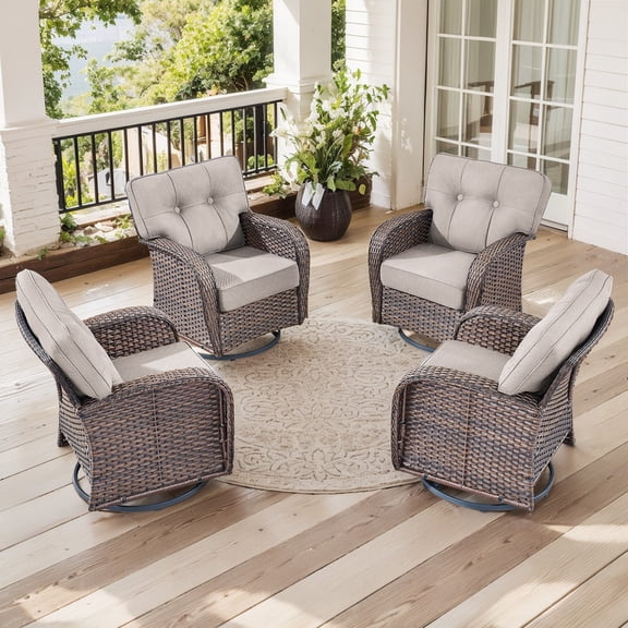 PARKWELL 4 Pieces Patio Furniture Set, Outdoor Swivel Gliders Rocker, All-Weather Wicker Conversation Set with Rattan Rocking Chair and 5" Thick Cushion for Porch Deck, Brown/Beige