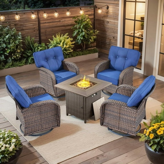 PARKWELL 5 Piece Outdoor Conversation Set with High-Back Swivel Glider Chairs Set of 4 and 30-Inch 2-in-1 Propane Fire Pit Table, 50,000 BTU Patio Furniture for Garden, Deck, Backyard, Brown/Navy
