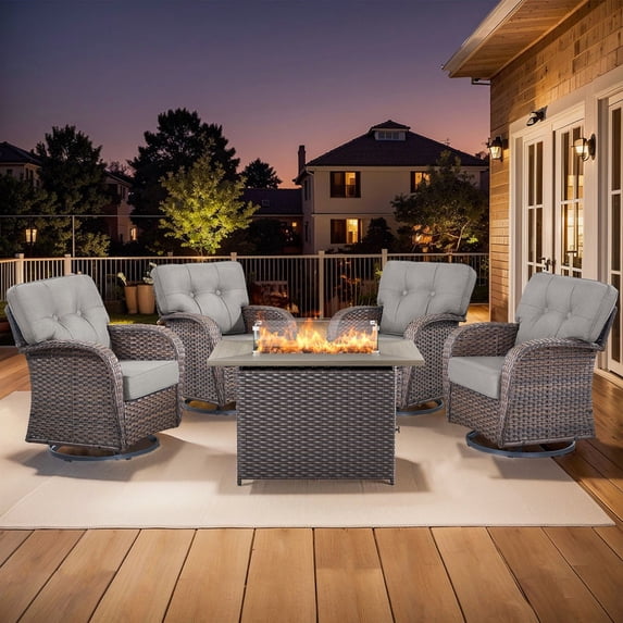 PARKWELL 5 Piece Outdoor Conversation Set with High-Back Swivel Glider Chairs Set of 4 and 41-Inch 2-in-1 Propane Fire Pit Table, 50,000 BTU Patio Furniture for Garden, Deck, Backyard, Brown/Gray