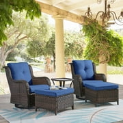 PARKWELL 5-Piece Outdoor Conversation Sets,Wicker Swivel Gliders with Ottomans,Side Table,Patio Seating Furniture with Blue Cushions,Brown Wicker