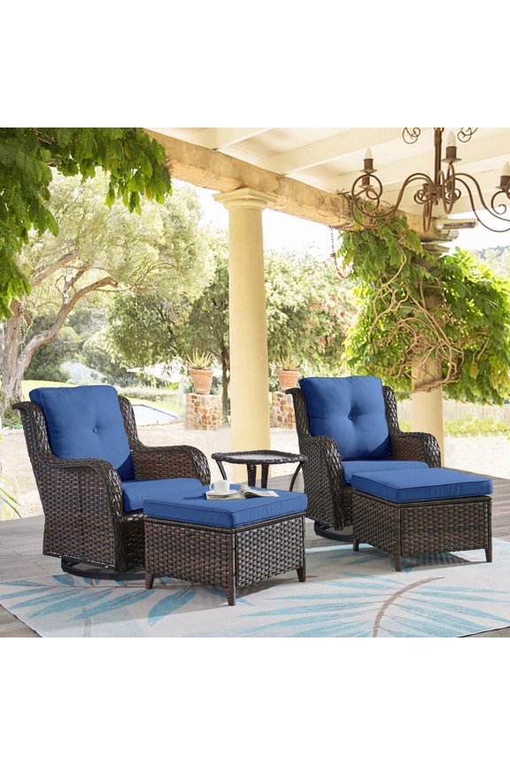 5-Piece Outdoor Conversation Sets,Wicker Swivel Gliders with Ottomans,Side Table,Patio Seating Furniture with Blue Cushions,Brown Wicker