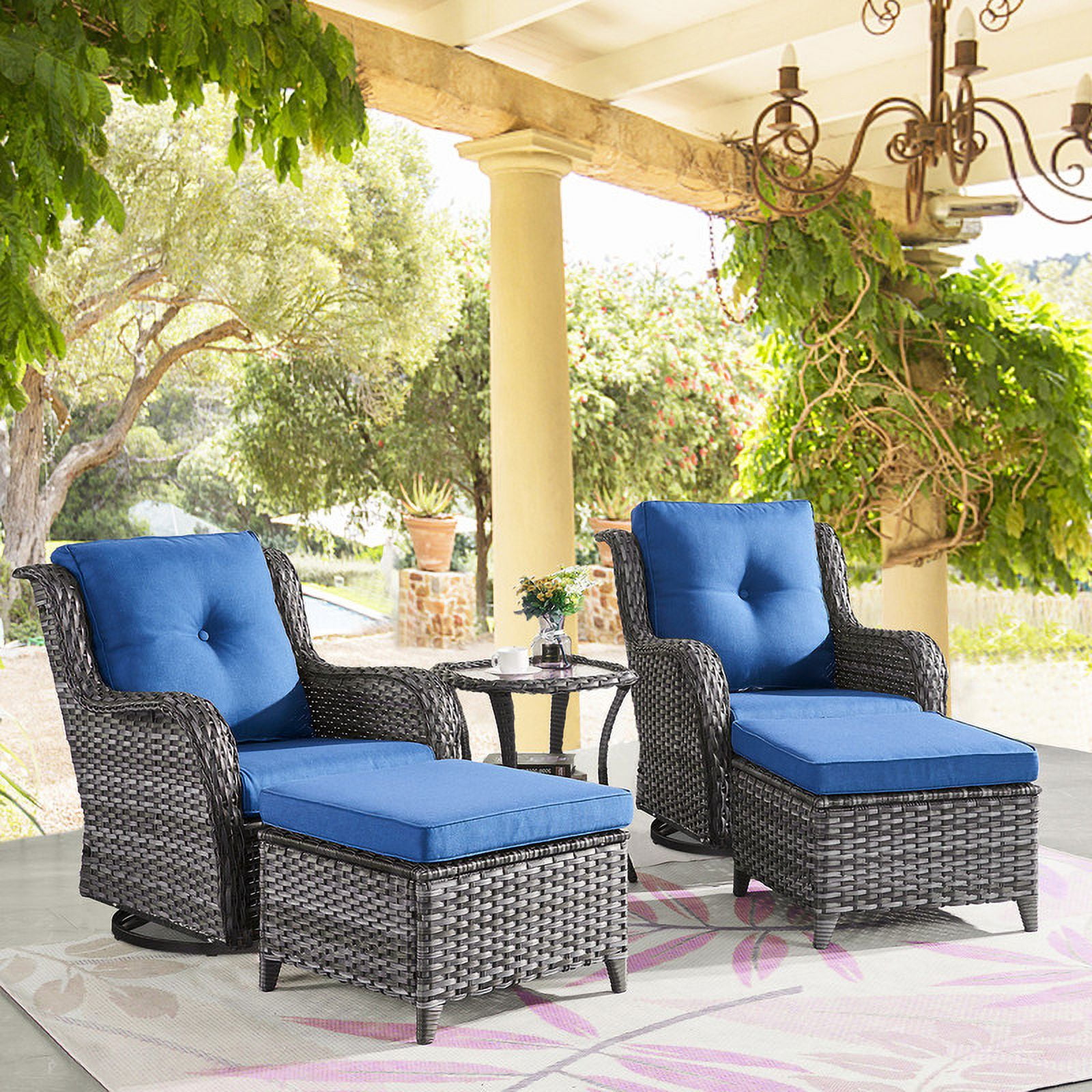 PARKWELL 5-Piece Outdoor Conversation Sets,Wicker Swivel Gliders with Ottomans,Side Table,Patio Seating Furniture with Blue Cushions,Gray Wicker