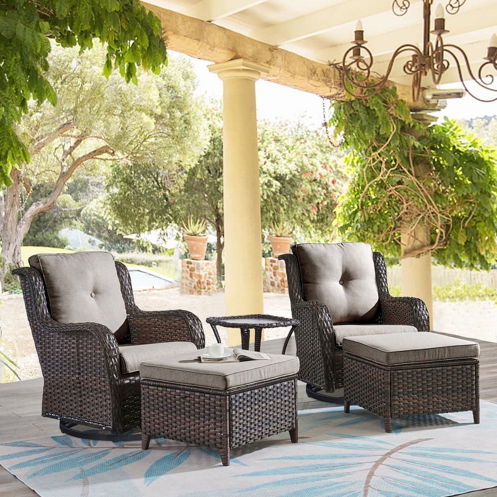 PARKWELL 5-Piece Outdoor Conversation Sets,Wicker Swivel Gliders with Ottomans,Side Table,Patio Seating Furniture with Gray Cushions,Brown Wicker