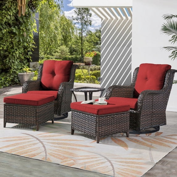 PARKWELL 5-Piece Outdoor Conversation Sets,Wicker Swivel Gliders with Ottomans,Side Table,Patio Seating Furniture with Red Cushions,Brown Wicker