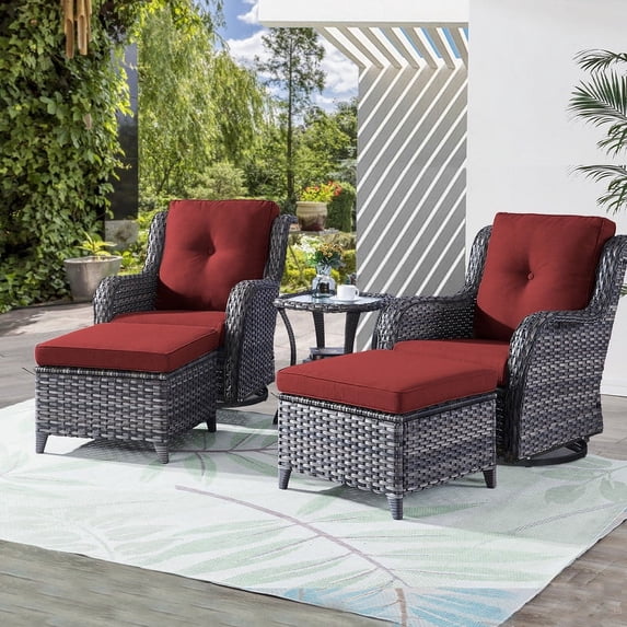 PARKWELL 5-Piece Outdoor Conversation Sets,Wicker Swivel Gliders with Ottomans,Side Table,Patio Seating Furniture with Red Cushions,Gray Wicker
