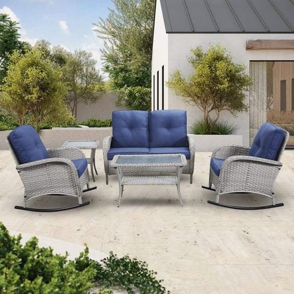 PARKWELL 5-Piece Outdoor Patio Conversation Furniture Set for Backyard, Deck w/Wicker Rocking Chairs Matching Side Table,Loveseat,Coffee Table, Seat Cushions