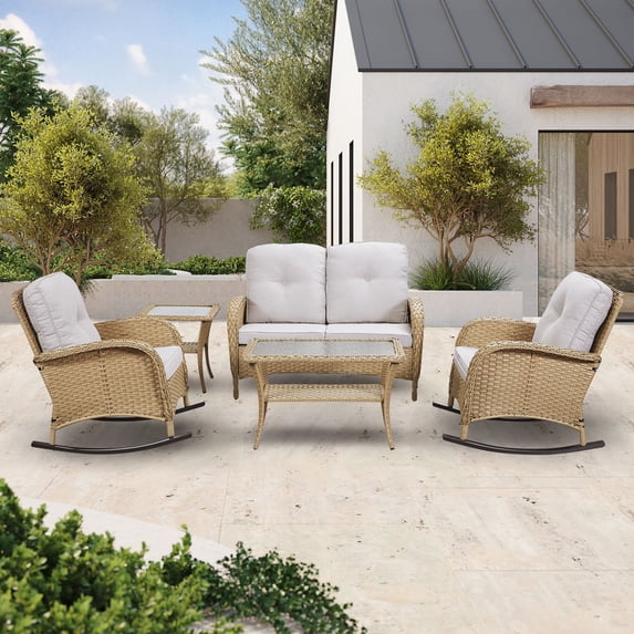 PARKWELL 5-Piece Outdoor Patio Conversation Furniture Set for Backyard, Deck w/Wicker Rocking Chairs Matching Side Table,Loveseat,Coffee Table, Seat Cushions