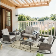 PARKWELL 5-Piece Outdoor Patio Conversation Furniture Set w/Wicker Rocking Chairs Matching Side Table,Loveseat,Coffee Table, Seat Cushions