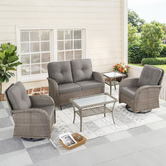 PARKWELL 5-Piece Outdoor Patio Conversation Set,Wicker 4-Seat High Back Furniture with Glider Loveseat, Swivel Gliders, and Coffee Table,Gray Wicker Gray Cushions