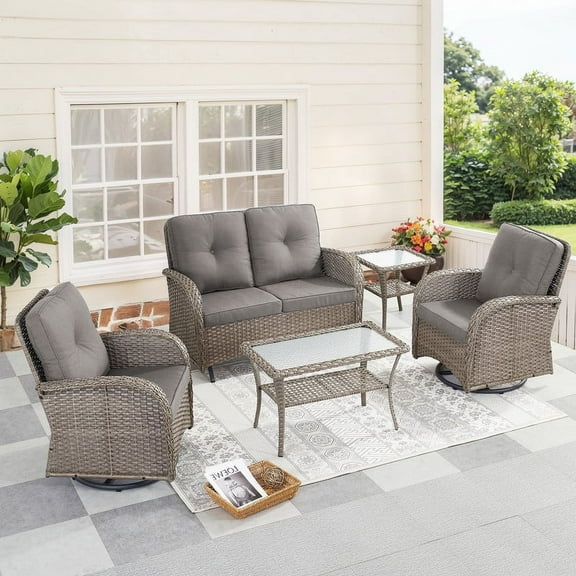 PARKWELL 5-Piece Outdoor Patio Conversation Set,Wicker 4-Seat High Back Furniture with Glider Loveseat, Swivel Gliders, and Coffee Table,Gray Wicker Gray Cushions