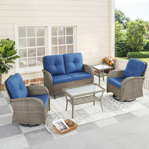 PARKWELL 5-Piece Outdoor Patio Conversation Set,Wicker 4-Seat High Back Furniture with Glider Loveseat, Swivel Gliders, and Coffee Table,Gray Wicker Navy Cushions