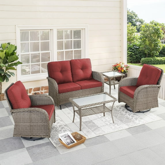 PARKWELL 5-Piece Outdoor Patio Conversation Set,Wicker 4-Seat High Back Furniture with Glider Loveseat, Swivel Gliders, and Coffee Table,Gray Wicker Red Cushions