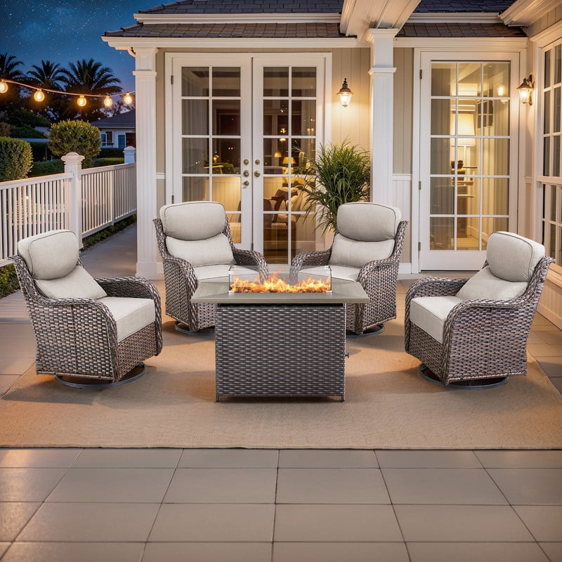 PARKWELL 5-Piece Outdoor Patio Furniture High Back Conversation Set with Swivel Glider Chairs and Fire Pit Table,50,000 BTU,Luxury 6" Thick Cushions,Wicker Patio Set for Deck, Backyard,Brown/Beige