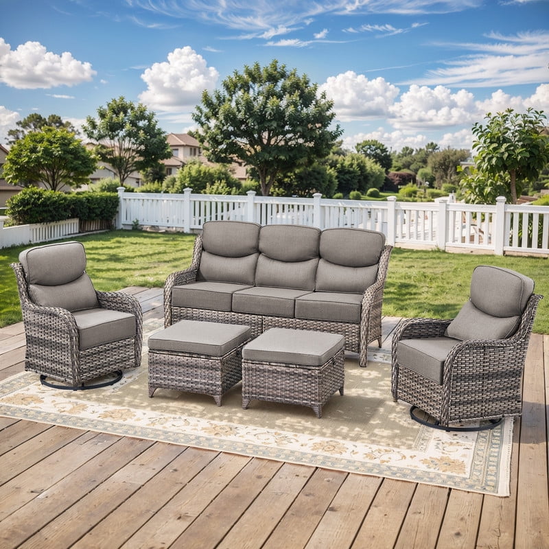 PARKWELL 5 Piece Outdoor Patio Furniture Set,All-Weather High Back Conversation Set with Luxury 6-Inch Thick Cushions,Swivel Glider Chair,7-Seat Furniture Sets for Garden, Deck, Backyard,Gray/Gray