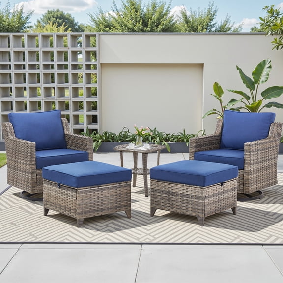 PARKWELL 5 Piece Outdoor Patio Furniture Set,All-Weather Rattan Conversation Set with Swivel Glider Chair and Seat Foot Rest,4-Seat Furniture Sets for Deck, Backyard,Gray/Navy