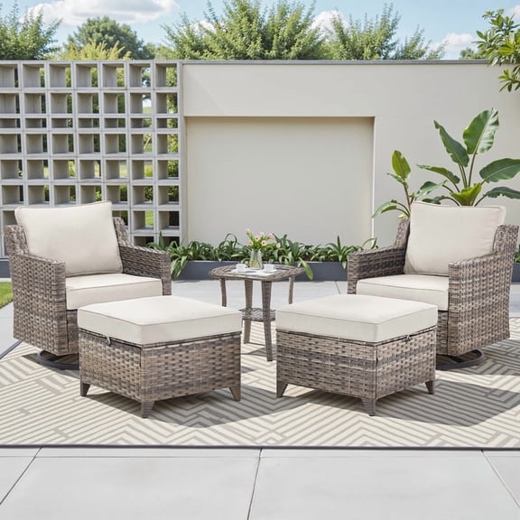 PARKWELL 5 Piece Outdoor Patio Furniture Set,All-Weather Rattan Conversation Set with Swivel Glider Chair and Seat Foot Rest,4-Seat Furniture Sets for Deck, Backyard,Gray/Beige