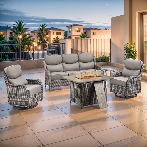 PARKWELL 5-Piece Outdoor Patio Furniture Set with Fire Pit,High Back Conversation with Swivel Glider Chairs,50,000 BTU,Luxury 6" Thick Cushions,Wicker Patio Set for Deck, Backyard,Gray/Gray