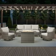thumbnail image 1 of PARKWELL 5 Piece Outdoor Patio Furniture Set with Fire Pit Table,All-Weather Conversation Set with Luxury 4-Inch Thick Cushions,Swivel Glider Chair,5-Seat Furniture Sets for Deck, Backyard,Gray/Beige, 1 of 12