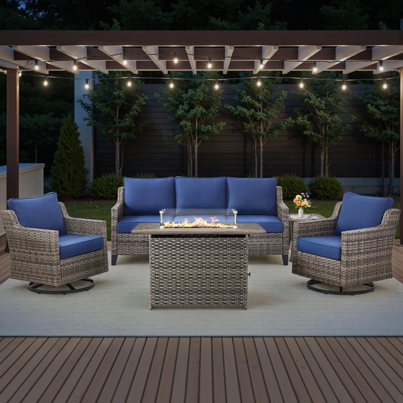 PARKWELL 5 Piece Outdoor Patio Furniture Set with Fire Pit Table,All-Weather Conversation Set with Luxury 4-Inch Thick Cushions,Swivel Glider Chair,5-Seat Furniture Sets for Deck, Backyard,Gray/Navy