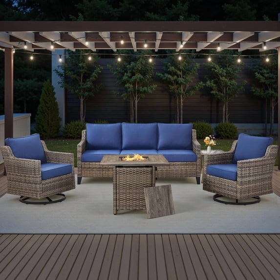 PARKWELL 5 Piece Outdoor Patio Furniture Set with Fire Pit Table,All-Weather Conversation Set with Luxury 4-Inch Thick Cushions,Swivel Glider Chair,5-Seat Furniture Sets for Deck, Backyard,Gray/Navy
