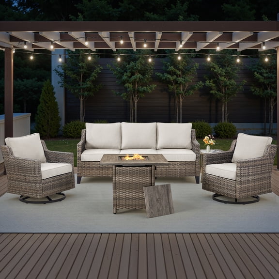 PARKWELL 5 Piece Outdoor Patio Furniture Set with Fire Pit Table,All-Weather Conversation Set with Luxury 4-Inch Thick Cushions,Swivel Glider Chair,5-Seat Furniture Sets for Deck, Backyard,Gray/Beige