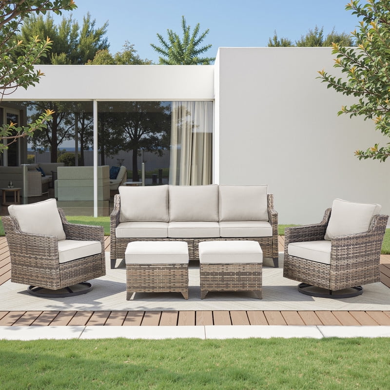 PARKWELL 5 Piece Outdoor Patio Sofa Furniture Set,All-Weather Rattan Conversation Set with Deep Seat Couch,Swivel Glider Chair and Seat Foot Rest for Deck, Backyard,Gray/Beige
