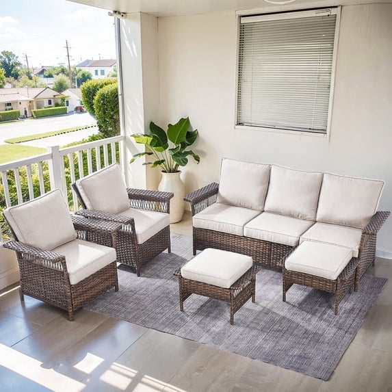 PARKWELL 5-Piece Outdoor Sectional Sofa Set with 3-Seat Sofa,2 Cushioned Lounge Chairs and 2 Ottoman Seat Foot Rest,Rattan Wicker Conversation Furniture Sets,Beige
