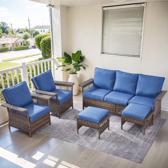PARKWELL 5-Piece Outdoor Sectional Sofa Set with 3-Seat Sofa,2 Cushioned Lounge Chairs and 2 Ottoman Seat Foot Rest,Rattan Wicker Conversation Furniture Sets,Navy