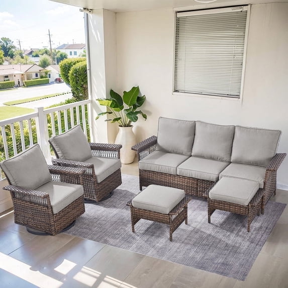 PARKWELL 5-Piece Outdoor Sectional Sofa Set with 3-Seat Sofa,2 Swivel Rocking Chairs and 2 Ottoman Seat Foot Rest,Rattan Wicker Conversation Furniture Sets,Gray