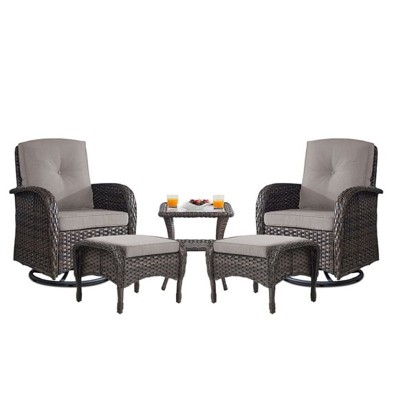 PARKWELL 5-Piece Outdoor Swivel Glider Chair with Ottoman,Side Table,Patio Swivel Rocker Lounge Conversation Bistro Furniture Sets,Gray