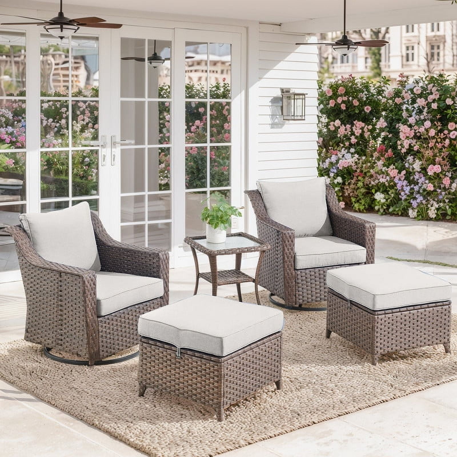 PARKWELL 5-Piece Outdoor Swivel Glider Chairs with Ottomans and Side ...