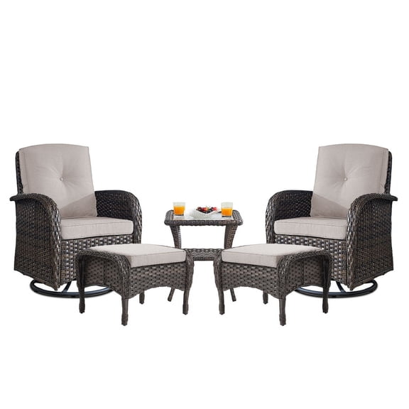 PARKWELL 5-Piece Outdoor Swivel Rocking Chair with Foot Rest,Side Table,360 Degree Swivel Glider Patio Rattan Wicker Conversation Bistro Furniture Sets,Beige