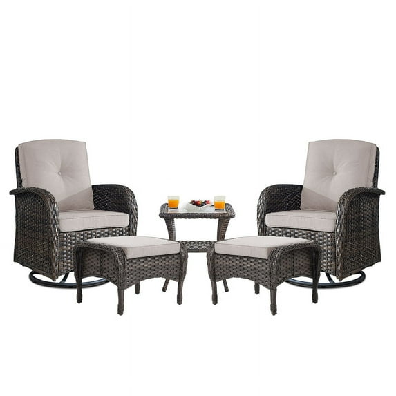 PARKWELL 5-Piece Outdoor Swivel Rocking Chair with Foot Rest,Side Table,360 Degree Swivel Glider Patio Rattan Wicker Conversation Bistro Furniture Sets,Beige