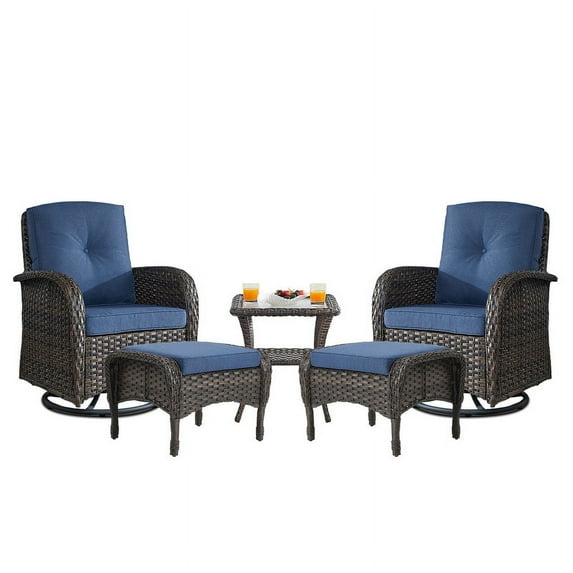PARKWELL 5-Piece Outdoor Swivel Rocking Chair with Foot Rest,Side Table,360 Degree Swivel Glider Patio Rattan Wicker Conversation Bistro Furniture Sets,Blue