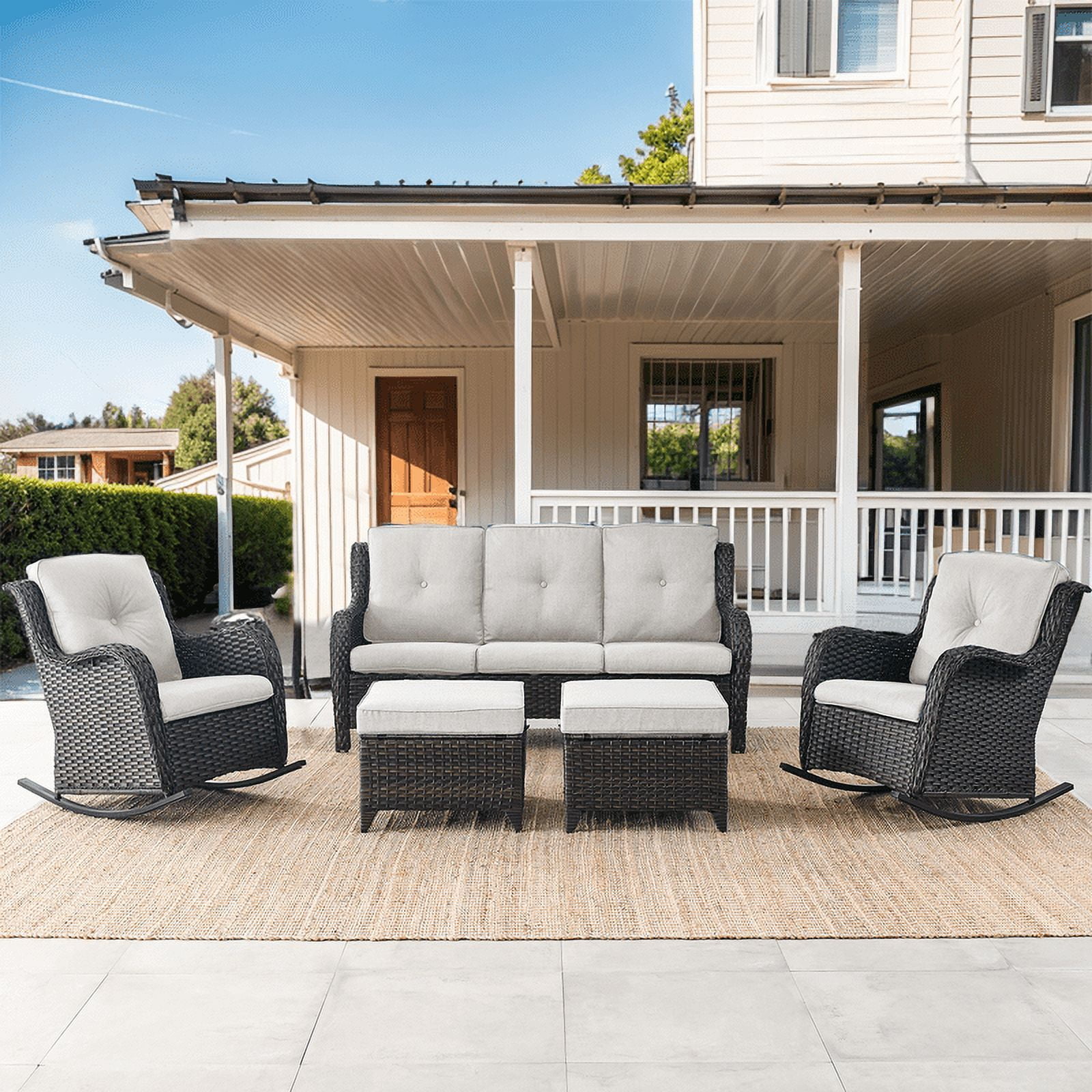 PARKWELL 5-Piece Outdoor Wicker Conversation Set Patio Furniture Couch Rocking Chairs Set with Ottoman,Beige
