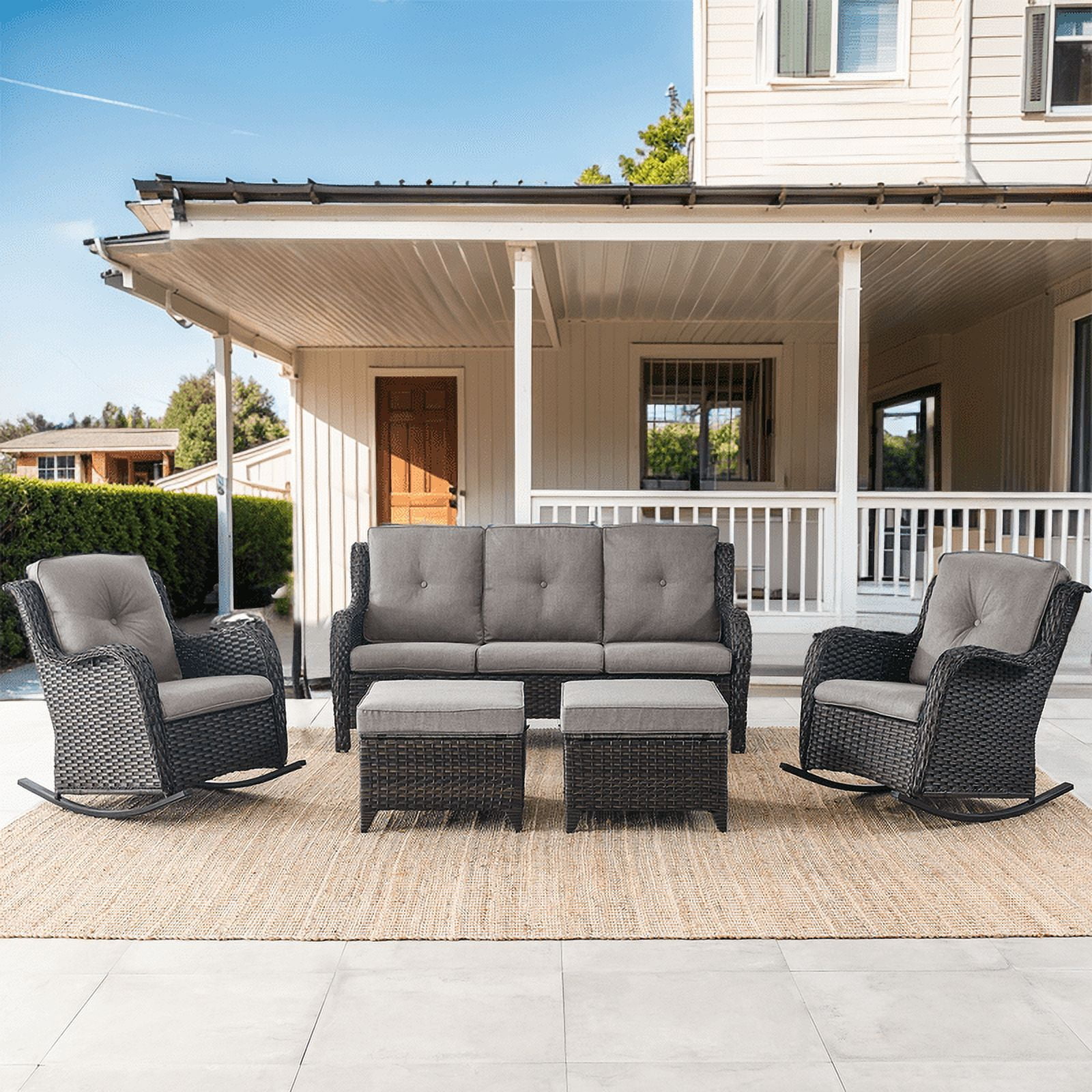 PARKWELL 5-Piece Outdoor Wicker Conversation Set Patio Furniture Couch Rocking Chairs Set with Ottoman,Gray