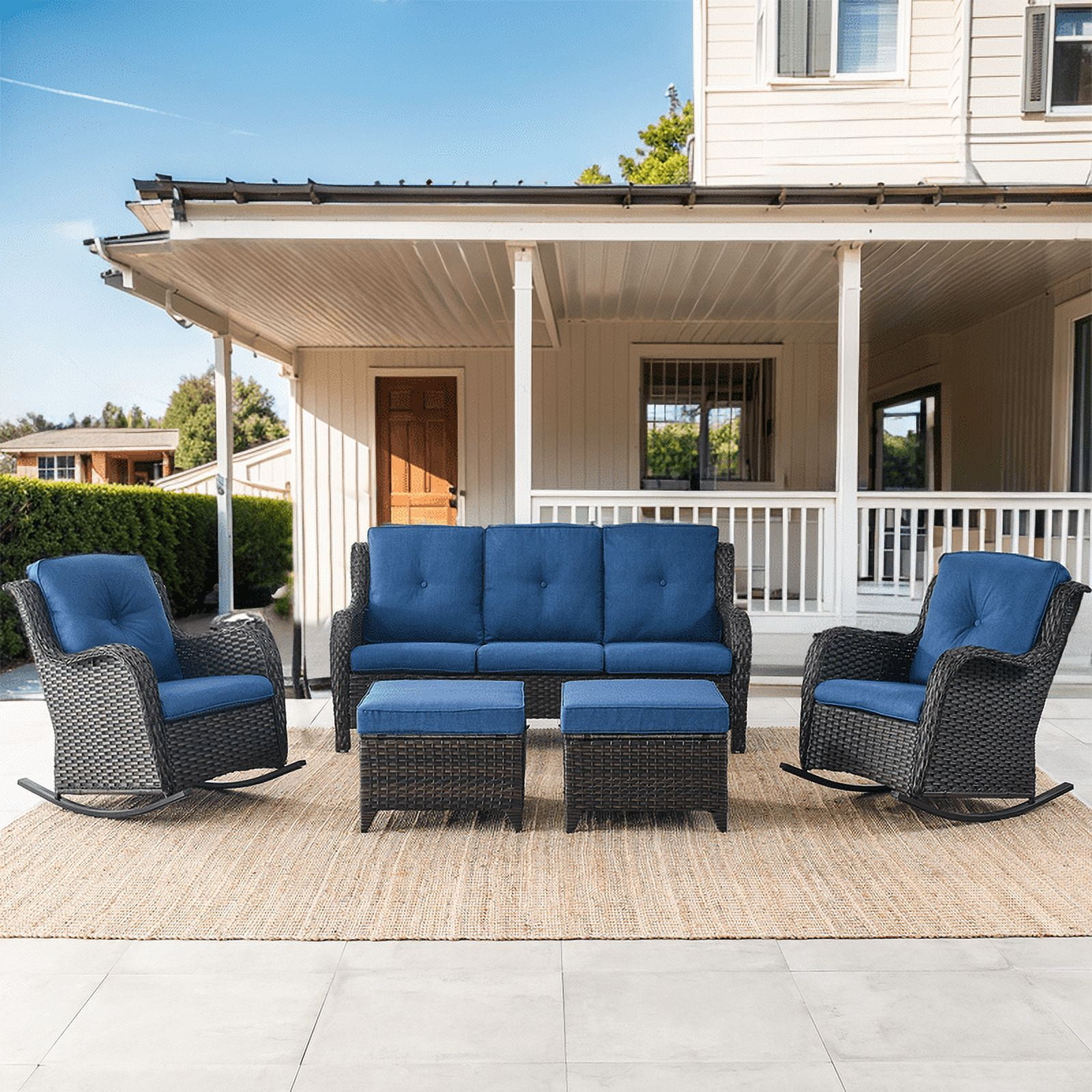 PARKWELL 5-Piece Outdoor Wicker Conversation Set Patio Furniture Couch Rocking Chairs Set with Ottoman,Navy