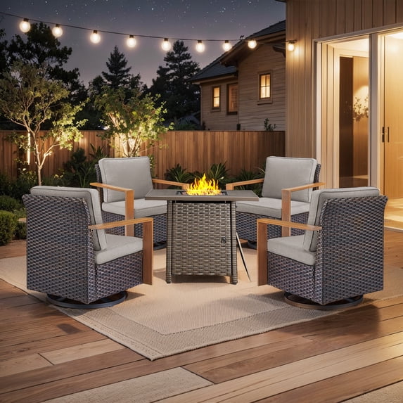 PARKWELL 5 Piece Patio Fire Pit Sets,All-Weather Conversation Set with 4 Swivel Glider Chair and 30" Fire Pit Table,Outdoor Patio Seating Furniture Set for Backyard Gatherings, Brown/Gray