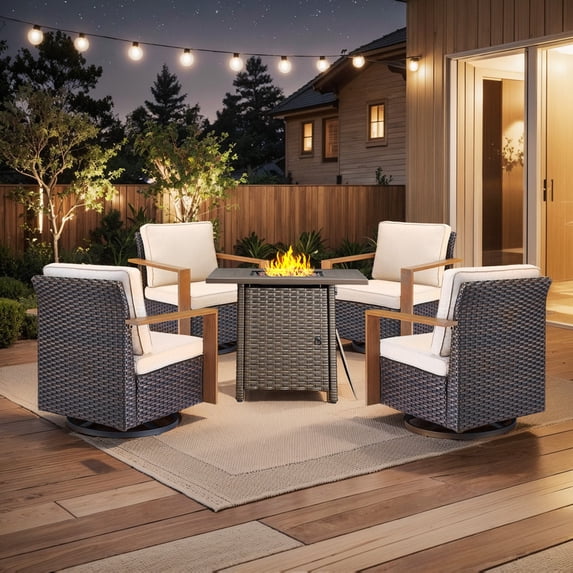 PARKWELL 5 Piece Patio Fire Pit Sets,All-Weather Conversation Set with 4 Swivel Glider Chair and 30" Fire Pit Table,Outdoor Patio Seating Furniture Set for Backyard Gatherings, Brown/Beige