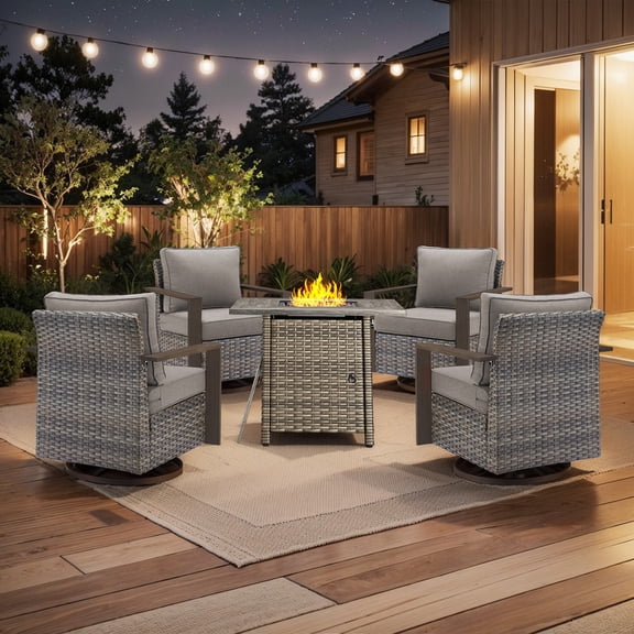 PARKWELL 5 Piece Patio Fire Pit Sets,All-Weather Conversation Set with 4 Swivel Glider Chair and 30" Fire Pit Table,Outdoor Patio Seating Furniture Set for Backyard Gatherings, Gray/Gray